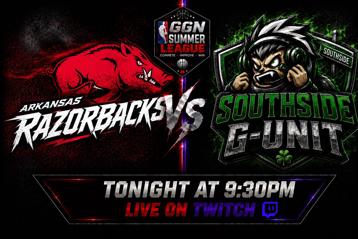 GGNSummerLeague's tweet photo. 🚨 WEEK 5 MATCHUP 🚨

🔥 Two championship contenders collide as Arkansas Razorbacks take on Southside G-Unit in a battle with major playoff implications.

📺 LIVE TONIGHT • 9:30 PM ET • TWITCH

#GGNSummerLeague #GGN2K https://t.co/jGsx91dEkM