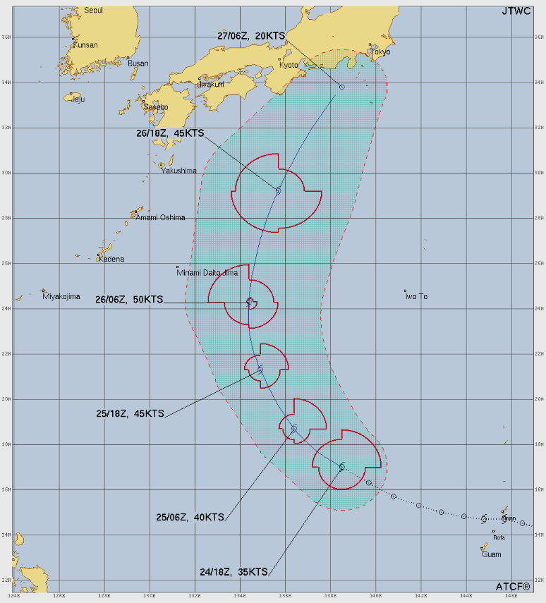Hi_neu's tweet photo. JTWC見てたら27日午前6時ごろに静岡県沖で台風7号と8号がぶつかる。。 https://t.co/pyW4BaN9Wp