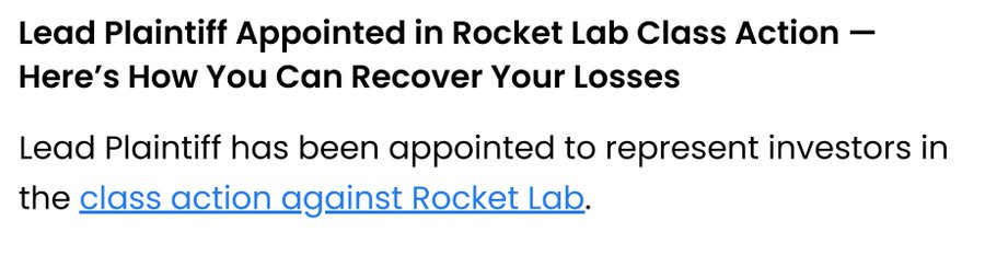 11thestate's tweet photo. In light of the recent news around $RKLB — here’s something else worth knowing.                  

There’s currently an active case against $RKLB, which could potentially help recover some losses.                   

If things move forward, this could turn into a double win. #RKLB #RocketLab