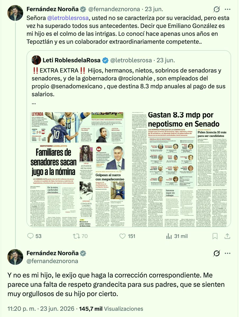 luisghernan's tweet photo. RUIN ENTRE LOS RUINES

La propagandista facha @letroblesrosa 
difundió UNA MENTIRA VIL contra @fernandeznorona a quien regularmente ataca: que su colaborador Emilio González es en realidad "su hijo"

¿Qué pruebas presenta? 
Ninguna. 
"Fuentes del Senado dicen que así lo presentó"

El Senador la desmintió.

Pero ella, cínica, mantiene el bulo y no se retracta, escudándose en un supuesto "secreto profesional", que no existe ni aplica en este caso: no hay prueba fehaciente de su dicho. 

La Periodista no puede comprobar la supuesta paternidad, porque no existe

Su interés, el de otros miserables como ella, como el Matancero de Rastro @jorgegogdl que reprodujo la mentira, es sólo GOLPEAR

Hay que decirlo claro: 

No hay, en esos engendros, ni Periodismo, ni Ética, ni Profesionalismo: sólo hay MIERDA INFORMATIVA