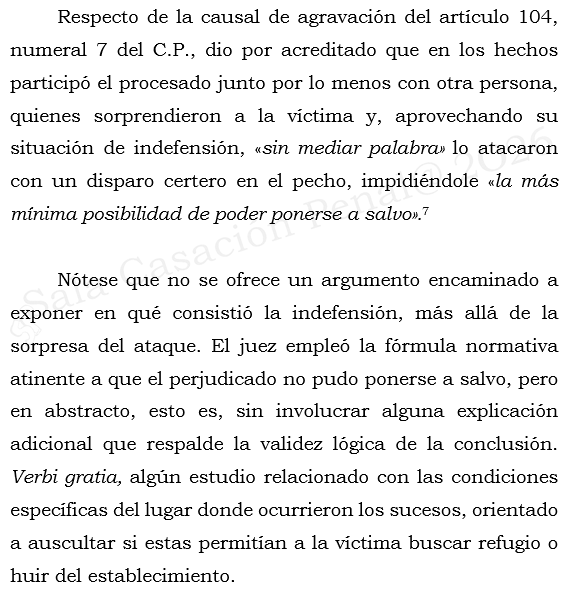 loviedoH's tweet photo. Corte S. Rad. 61217/26. Homicidio y P. de armas de fuego.

Argumentos como "sin mediar palabras", impidiéndole "la más mínima posibilidad de poder ponerse a salvo", no son argumentos válidos para tener por demostrada la circunstancia de agravación de indefensión o inferioridad. https://t.co/xsxMLFigMg