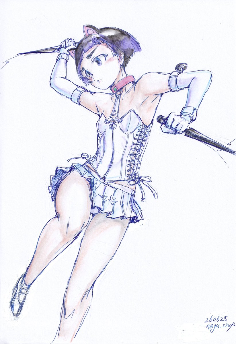 naga_srx's tweet photo. #今日の楽描き
260625

「なんでこんなカッコで、、、訳が分からないのですよっ！」

それは見かけた動きのあるポーズと見かけたコルセットスーツをいっぺんに描こうとしたからだぁよ。。。 https://t.co/Jt7ZJdWnmB