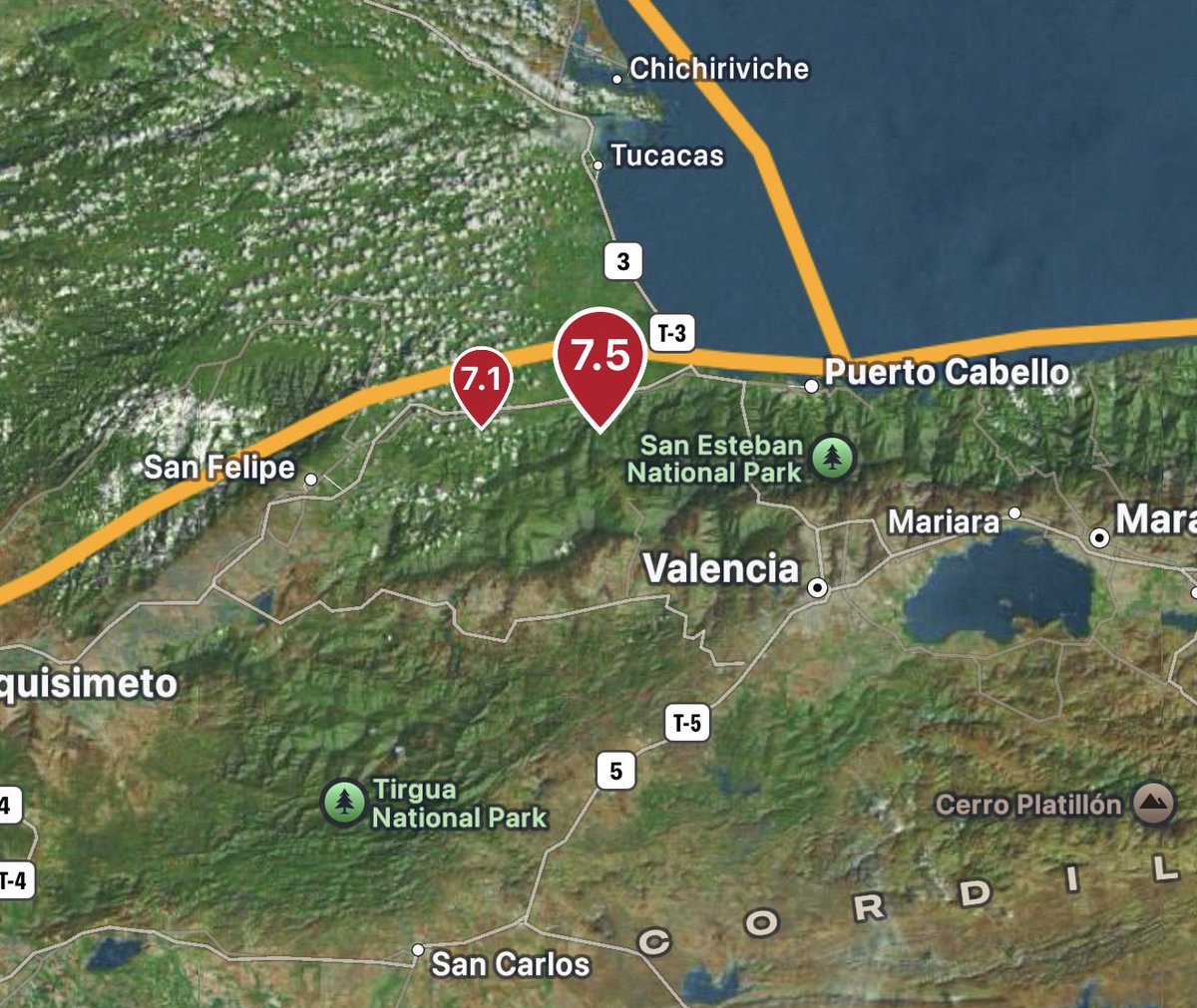 YR4Monitoring's tweet photo. 7.1 And 7.5 Magnitude Earthquakes Hit Near Morón, Venezuela https://t.co/sOQeAU6MB9