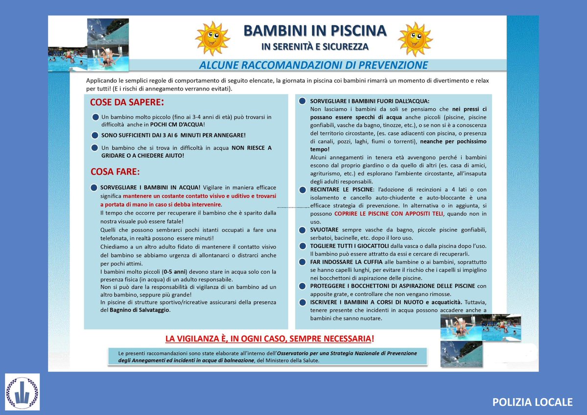PMTerredargine's tweet photo. #PLTerredargine #consigliutili
 #altetemperature 🌡️
#BAMBINI IN PISCINA ?🏊
La #Sicurezza  prima di tutto!
➡️🚫mai lasciarli soli
➡️🧒dispositivi di galleggiamento indossati 🛟🦺
➡️🚰protezione e idratazione per evitare colpi di calore
#EstateSicura #Prevenzione
@PMTerredargine https://t.co/FMTdGyw0tT