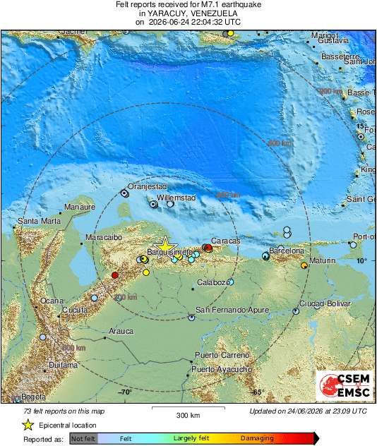 Asismet_IF's tweet photo. El #terremoto de magnitud 7.1 (posible doblete M7.1/7.5) en las costas de Venezuela, fue percibido en Colombia, Curazao, Aruba, Trinidad y Tobago, Puerto Rico y Cuba.
No hay alarma de #tsunami para el Caribe. https://t.co/0cR3jgrMYN