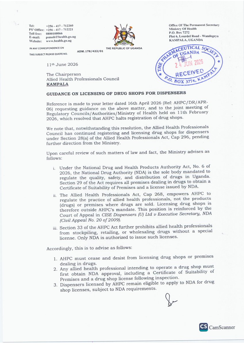 PharmacistsUg's tweet photo. 📢 The Ministry of Health has responded; only the National Drug Authority (NDA) is mandated to license drug shops in Uganda. AHPC has been directed to cease licensing drug shops with immediate effect. 💊🇺🇬 #PharmacyUganda #PSU https://t.co/KQS1iH8UqD