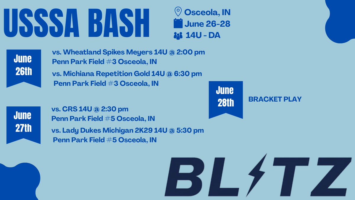 Blitz14UDA's tweet photo. Check us out this weekend in Indiana at USSSA BASH!
#Blitz #BlitzFamily #Compete https://t.co/yV8jEExAPS