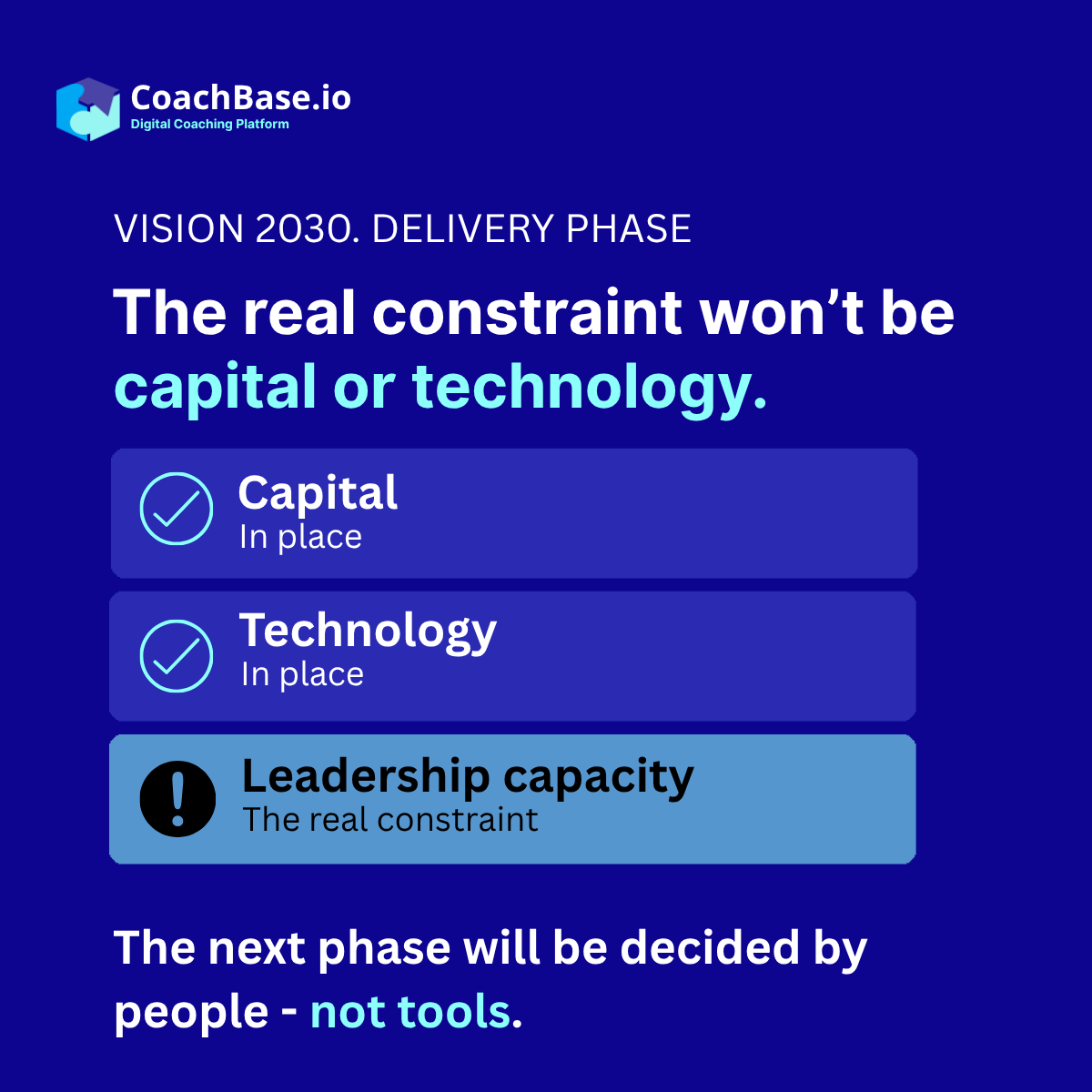 CoachBaseOnline's tweet photo. Leadership? Still the missing piece.
The real constraint heading into 2030 isn't budget or tools — it's the people responsible for executing through uncertainty. Not a budget problem. A priority problem.
Leadership is the final competitive frontier. 👉 https://t.co/pZwBiNn55C https://t.co/2nc4qyLoep