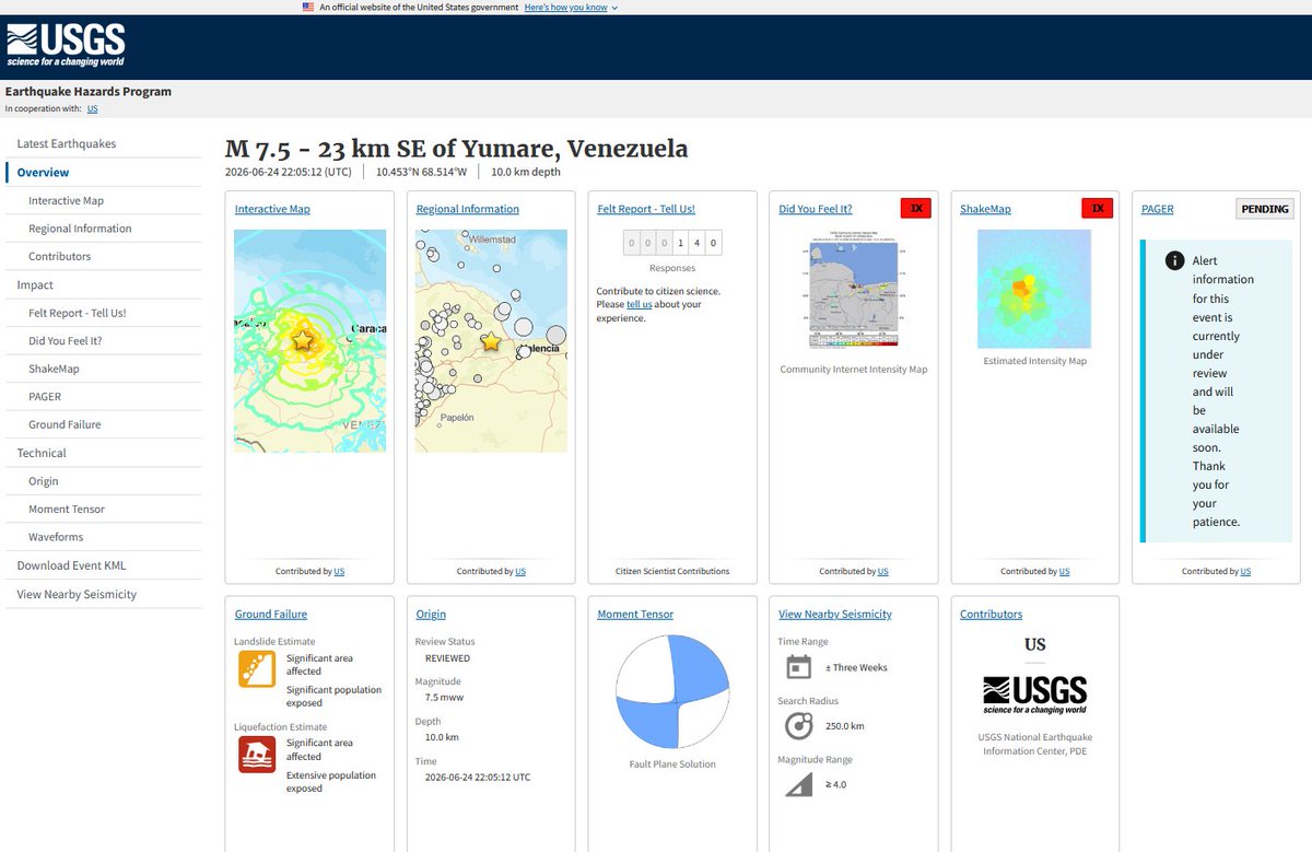 Geo_Risk's tweet photo. #sismo #temblor M7.5 #Venezuela  
Informe USGS del segundo sismo, ocurrido 45s despues del M7.2 inicial
Por la aceleraciones estimadas se considera Mercalli IX en zona epicentral https://t.co/pRVbjRcPkj