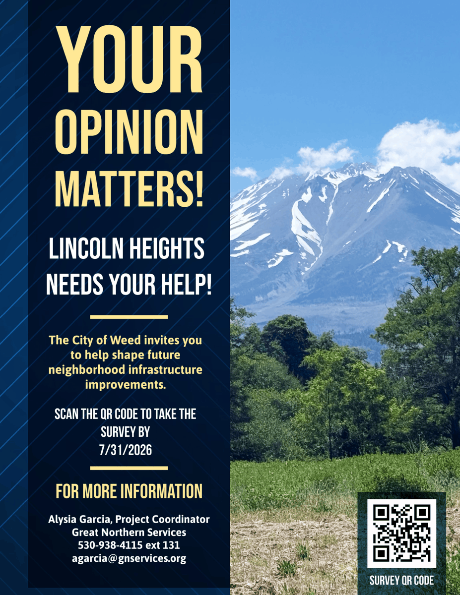 GNServ's tweet photo. PUBLIC NOTICE on behalf of the City of Weed: Lincoln Heights community improvement survey: https://t.co/MAcyFU3EXc

Questions - please call 530-938-4115 Ext. 131 or email agarcia@gnservices.org #Weed #LincolnHeights https://t.co/agPjjqjgZc