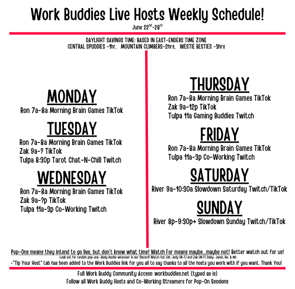 workbuddies21's tweet photo. Work Buddies Weekly Schedule
June 22nd-28th
Follow/Subscribe on SubStack for daily lineups w/ clickable links directly to streams https://t.co/laMbSHuj0V Community access https://t.co/0hfikcBcDe Discord https://t.co/nvjCoIWnwH Follow your hosts &amp; turn on notifications. https://t.co/0oCLsedvyy