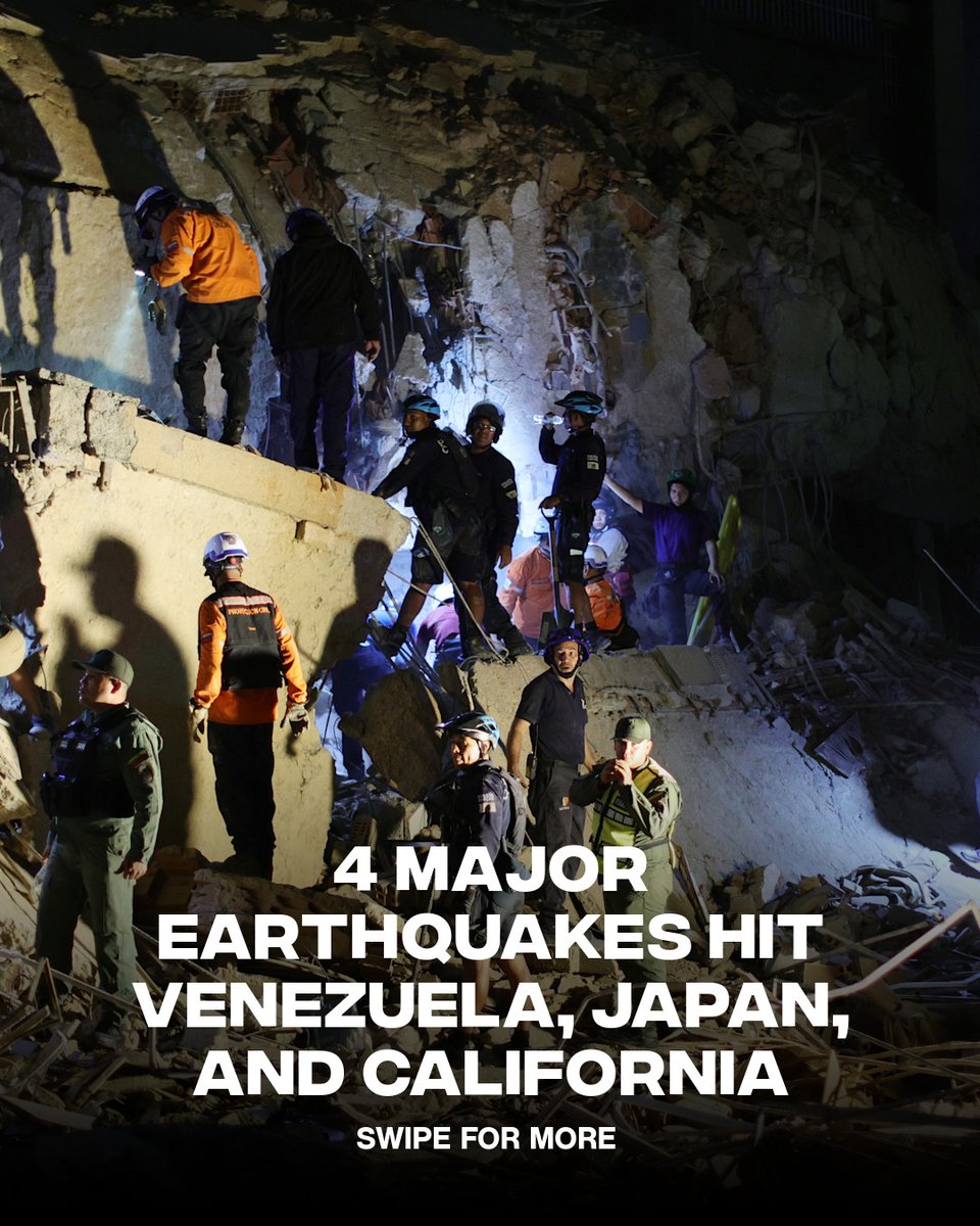 Complex's tweet photo. Four powerful earthquakes struck Venezuela, Japan, and California within hours of each other.  Venezuela was hit hardest, struck by two major quakes measuring 7.5 and 7.2 in magnitude, a 6.9 magnitude earthquake in Japan, and a 5.6 magnitude earthquake in California. 

📸: GETTY https://t.co/qGkYqKnNu3