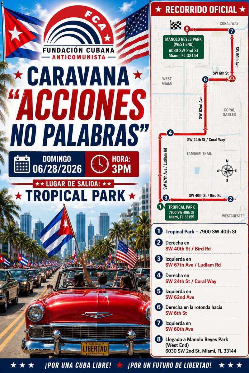 FUNDACIONCUB's tweet photo. No Faltes .. CARAVANA ACCIONES NO PALABRAS‼️
@SecRubio @MarioDB @MarioJPenton @RepCarlos @CamilaAcostaCu 
@USEmbCuba @LLeontravelart @YamilaHija @vozdelafnca @FloridaMl85417 @wsvn @WPLGLocal10 @Telemundo51 https://t.co/Fx5FknOe86