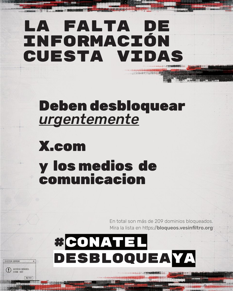 vesinfiltro's tweet photo. La falta de información cuesta vidas

En esta crisis las autoridades deben desbloquear X y los medios urgentemente.

Es vital para mantenerse a salvo, comunicarse y acceder a recursos urgentes. #ConatelDesbloqueaYA