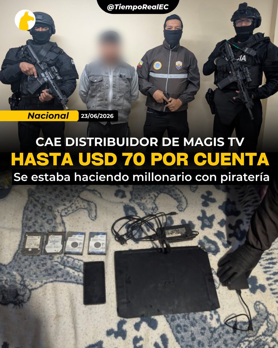 TiempoRealEC's tweet photo. 🚨 CAE DISTRIBUIDOR DE MAGIS TV EN ECUADOR 

📺⚖️ Un ciudadano ecuatoriano fue detenido durante un operativo ejecutado en Tabacundo, cantón Cayambe (Pichincha), por su presunta participación en la venta ilegal de accesos a plataformas de televisión por internet (IPTV) como Magis TV, Flujo TV, Oleada TV y Stella TV.

🌎 La captura se realizó como parte de la operación internacional "Sprint", en la que participaron autoridades de Ecuador, Colombia, Estados Unidos, El Salvador, Argentina, Puerto Rico y otros países, con el objetivo de combatir la piratería digital y los delitos contra la propiedad intelectual.

🔍 De acuerdo con la investigación de la Unidad Nacional de Ciberdelito (CiberPOL), el sospechoso promocionaba y comercializaba suscripciones ilegales a través de redes sociales y aplicaciones de mensajería, ofreciendo acceso no autorizado a canales de televisión, películas, series y eventos deportivos protegidos por derechos de autor.

💰 Los planes tenían precios entre 7 y 69 dólares, dependiendo del tiempo de suscripción y del número de dispositivos habilitados, actividad que le generaba ganancias económicas.

👮 Durante el allanamiento fueron incautados dos teléfonos celulares, cuatro discos duros externos y una computadora portátil, equipos que serán sometidos a pericias informáticas para determinar el alcance de la operación.

⚖️ El detenido, identificado como Luis Gabriel F. C., de 30 años, quedó a órdenes de la autoridad judicial, mientras avanza la investigación por el presunto delito de actos lesivos a los derechos de autor.

#Ecuador #CiberPOL #MagisTV #FlujoTV #PirateríaDigital #PropiedadIntelectual #PolicíaNacional #Cayambe #Tabacundo #Tecnología #DelitosInformáticos #NoticiasEcuador