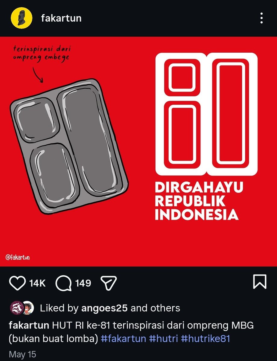 NetizenAsbun's tweet photo. Udah paling pas logo HUT 81 RI ini ompreng MBG, cocok soalnya prmerintah hidup mati buat mempertahankan program ini

doksli : https://t.co/r0v1Pa8Kqy https://t.co/XBCBw451Bh