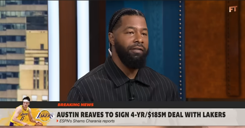 PurpGoldLakers's tweet photo. "The deal is he got the great deal, all rightfully so. He's a guy that got it out of the mud, undrafted in 2021. Fifth year with the Lakers. 

He's improved every year. He averaged 24 points this year. He's a great sidekick, not a good, he's a great secondary piece with Luka Doncic. They played two years together. Obviously, Luka had some say so with this. 

And, you know, to have that duo going forward, hopefully bring back LeBron James, should be a top four in the West. I'm happy for Austin, man. He really deserves it."

Markieff Morris saying Austin Reaves earned his max deal  (per First Take)