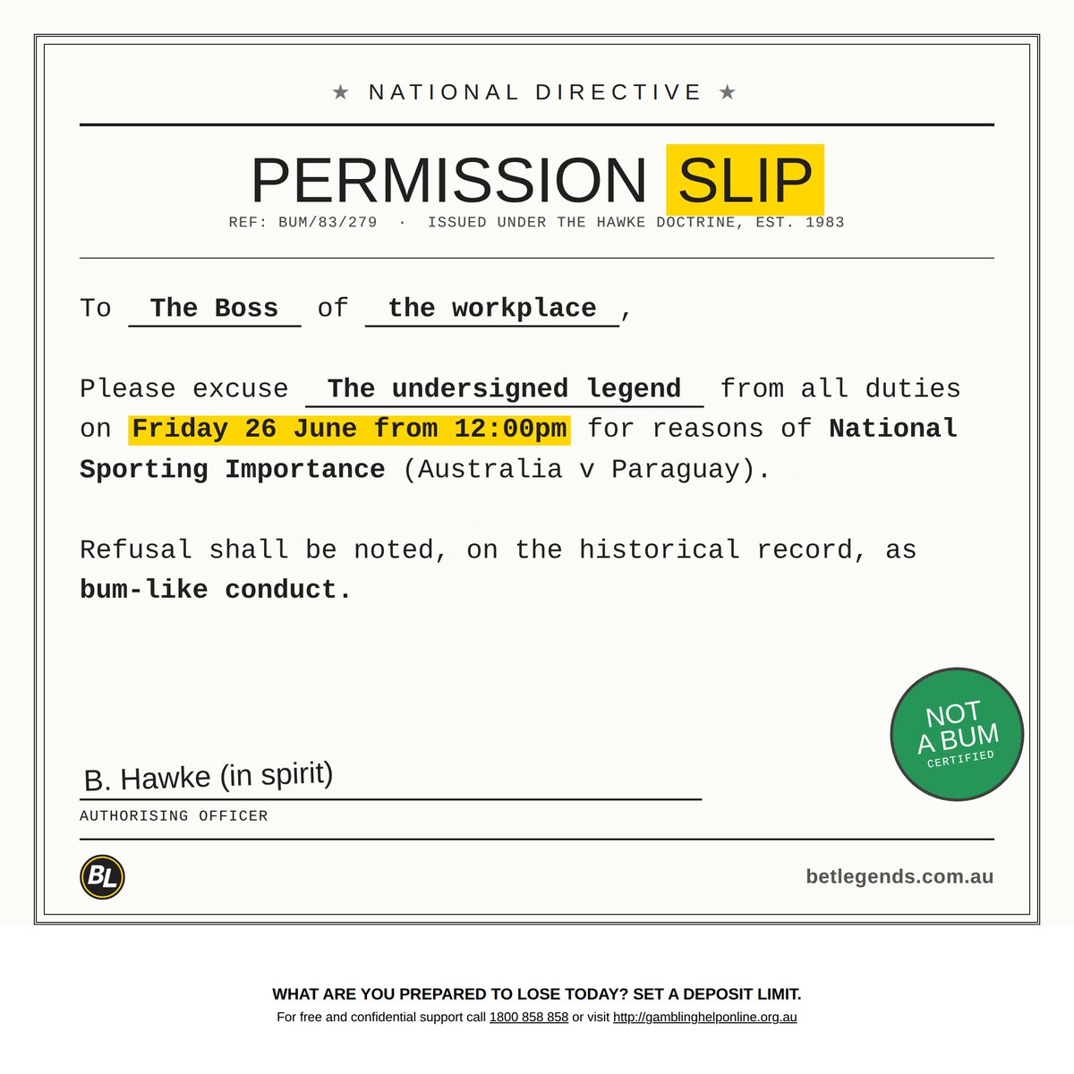 betlegends_aus's tweet photo. Get your personalised permission slip for an early knock off tomorrow to support our boys.
https://t.co/3XwtbGB9Mu
#notabum #socceroos https://t.co/k2v1Kq3ATO