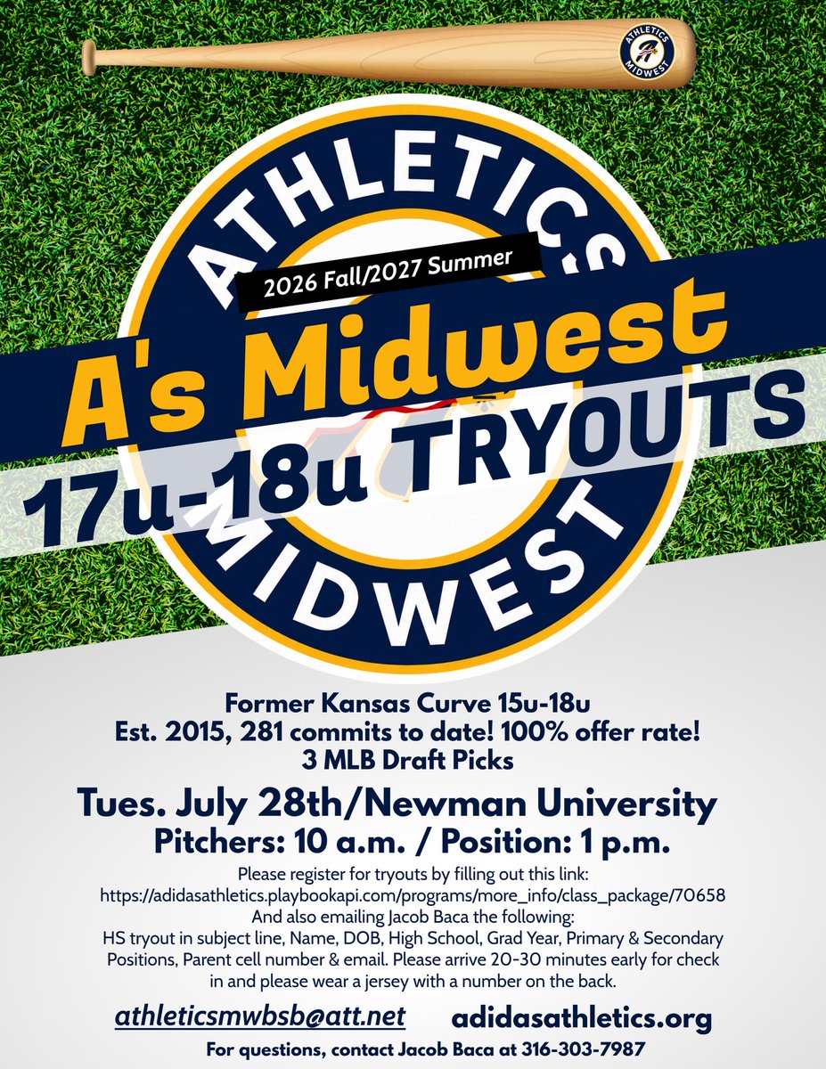 kansas_curve's tweet photo. 🚨Adidas A’s Midwest 15u-16u TRYOUT INFO🚨

We will be hosting high school tryouts for the fall 2026/summer 2027 seasons! 

Former @kansas_curve high school program.

•Est. 2015. 
•Excellent player development
•Offseason training will be run by •Wichita State Baseball staff
•Maximum exposure for recruitment
•100% offer rate for every senior class we’ve ever had.
•281college commits, 3 MLB Draft picks and counting to date. ⚾️

Reach out with any questions.