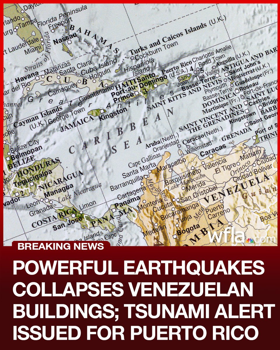 WFLA's tweet photo. #BREAKING A tsunami alert has been issued for both Puerto Rico and the U.S. Virgin Islands after powerful earthquakes hit Venezuela, collapsing buildings in the capital. https://t.co/n8lmeQJg2X https://t.co/oAEW6IcOkq