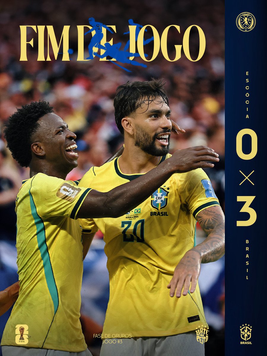 CBF_Futebol's tweet photo. FIM DE JOGO EM MIAMI!

🏴󠁧󠁢󠁳󠁣󠁴󠁿 0 x 3 🇧🇷

⚽️ VINI JR.
⚽️ VINI JR.
⚽️ CUNHA

FASE DE GRUPOS ENCERRADA! 🇧🇷🏆

A Seleção Brasileira fecha sua participação na primeira fase da Copa do Mundo FIFA 2026 e agora volta suas atenções para as oitavas de final.

Que venha a próxima etapa!

#BateNoPeito
ISSO É BRASIL! 🇧🇷