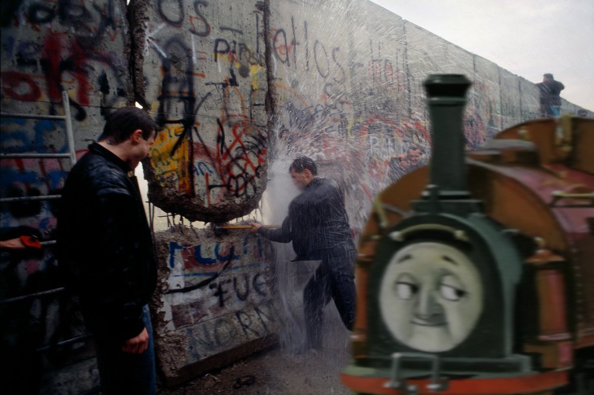 welsh_coal's tweet photo. Duke at the collapse of Berlin Wall (colorized) https://t.co/VD5X53FdGY