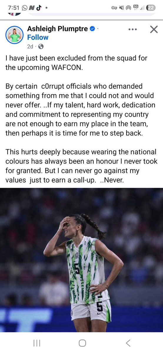 jacksonpbn's tweet photo. This right here is disgraceful and the NFF @thenff must investigate this. The bottom of this allegation is sex. An NFF official was probably demanding for sex from Ashleigh. This must be thoroughly investigated! https://t.co/tB9yIuuBV4