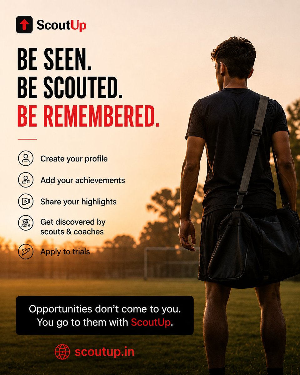 ScoutUp_IN's tweet photo. ⚽ Talent needs visibility.

Create your athlete profile, showcase achievements, share highlights, connect with scouts &amp; coaches, and apply for trials with ScoutUp.

👀 Be Seen
🎯 Be Scouted
🏆 Be Remembered

🌐 https://t.co/DSEoDDihD1

#ScoutUp #SportsTech #Football #Athlete https://t.co/U4B6t0rDm7