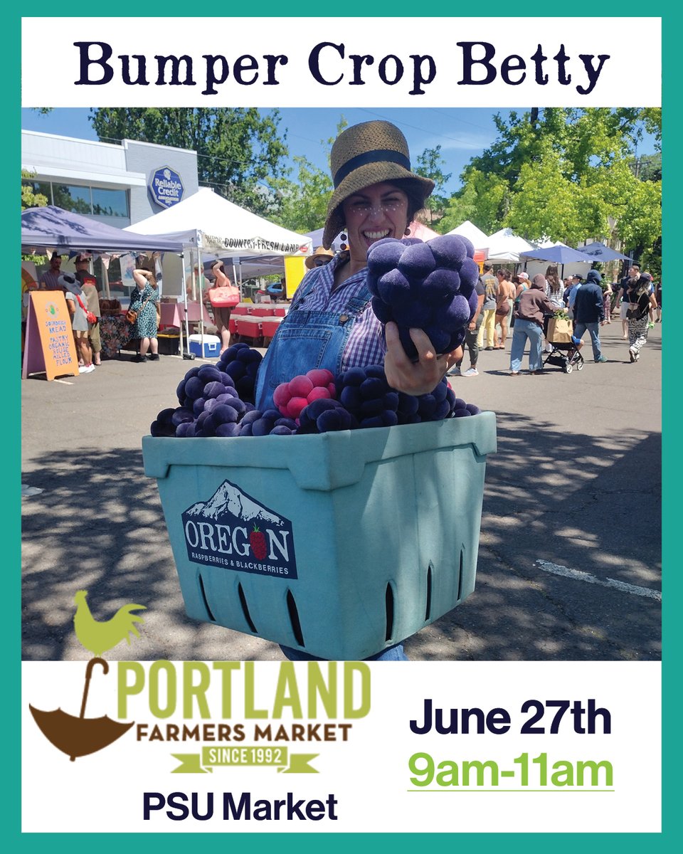 oregonberries's tweet photo. Bumper Crop Betty will be at the @portlandfarmers PSU Market on Saturday! The market is open 8:30am-2pm, but BCB will be there from 9am-11am. Get there early to get first pick of the berries &amp; then find Bumper Crop Betty to snag a photo!

https://t.co/KCS1GyEEyo

#oregonberries https://t.co/gyuq6B5Ock