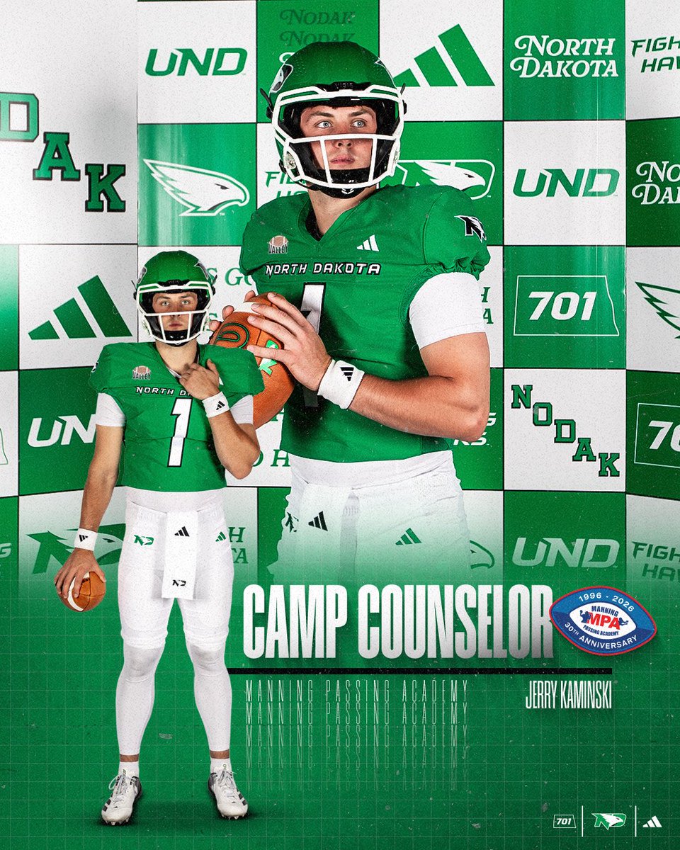UNDfootball's tweet photo. Best of luck to our QB1️⃣ at the Manning Passing Academy this weekend! 

#UNDproud | #LGH https://t.co/jxR99djdNd