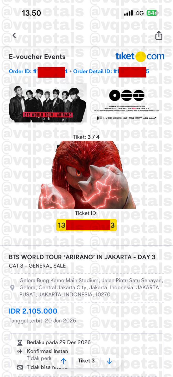 vqpetals's tweet photo. WTS BTS ARIRANG JAKARTA GENERAL SALE

CAT 3 - DAY 3 - 2 TIX (berderet, duduk sebelahan bareng aku &amp; temenku)

RP 2.950.000/TIX
• diurus sampai tiket fisik
• FULLPAYMENT ONLY

bisa minta proof/tukeran sosmed/COD area Jakarta

#armybantuarmy want to sale wtb bts https://t.co/nazfBF0W6J
