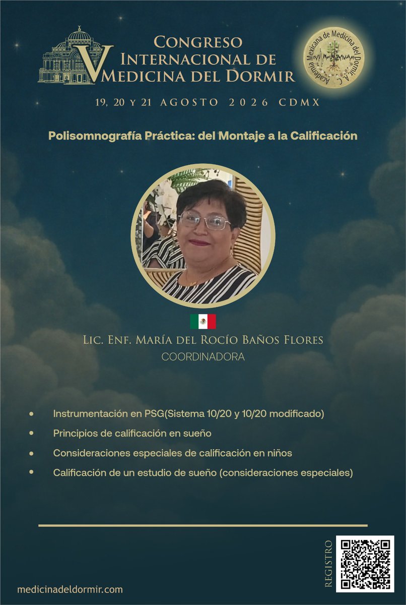 AMMDMexico's tweet photo. V Congreso Internacional de Medicina del Dormir.
Taller 1:  Polisomnografía Práctica: Del montaje a la calificación
Lic. Enf. María del Rocío Baños Flores
Inscripciones en: https://t.co/6x8heKoKWE
Registro en: https://t.co/P3wEVimkKQ

#academiamexicanademedicinadeldormir
#AMMD https://t.co/Rmg5fZQtYu