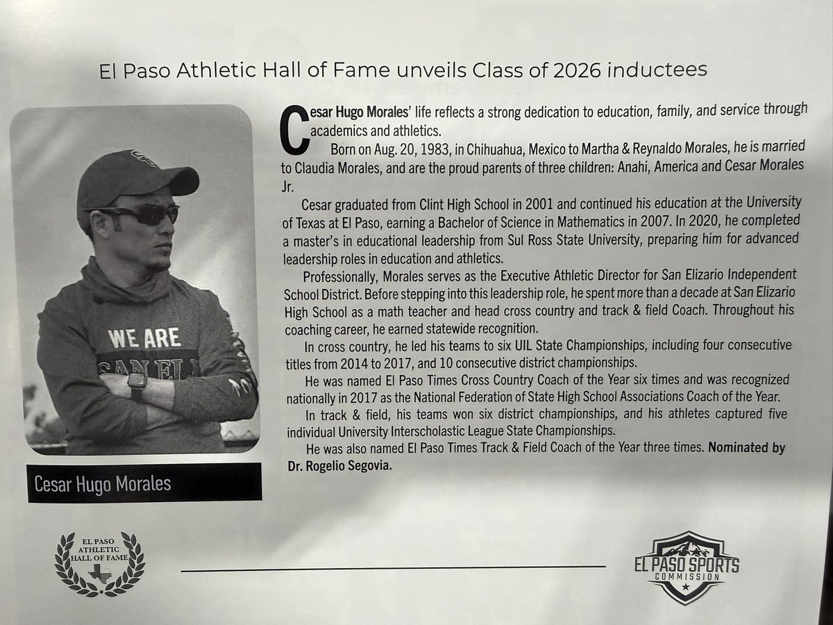 SanElizarioISD's tweet photo. Congratulations, Cesar Morales, on your induction to the El Paso Athletic Hall of Fame. Keep soaring to new heights! #WeAreSomosSanEli https://t.co/P2lYq6tVRU