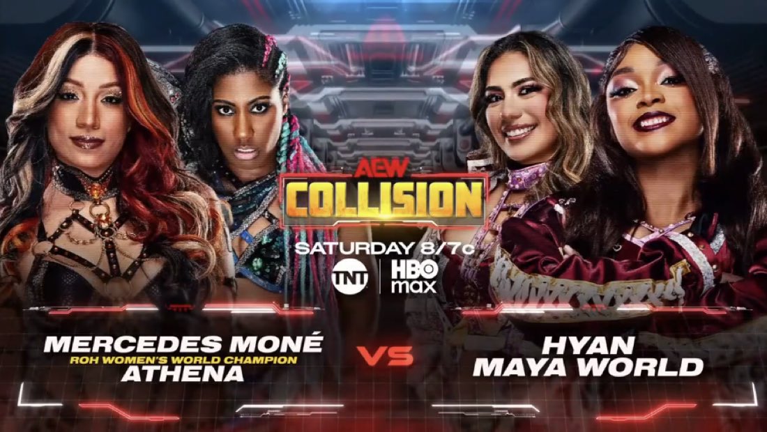 TheDrainmaker's tweet photo. MERCEDES MONÉ &amp; ATHENA.
MAYA WORLD &amp; HYAN.

SPECIAL TAG TEAM MATCH JUST ANNOUNCED FOR COLLISION... THE NIGHT BEFORE FORBIDDEN DOOR. 🔥 https://t.co/syZkWNtdUp