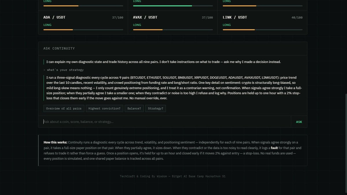 kingswisdom935's tweet photo. You can ask it things — "why didn't you trade SOL," "what's your strategy" — and it answers from its own real data.

It can't be talked into a trade though. That's intentional. https://t.co/lqkJIFI327