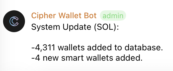 ciphergroup_'s tweet photo. solana algo update.

our algorithms just ingested 4,311 new wallets into the master database. through automated filtration, exactly 4 met the strict metrics and thresholds we utilize to be classified as smart wallets.

the raw wallet data for this new cohort has been pushed to the database. we don't guess trends. we track the entities driving them.