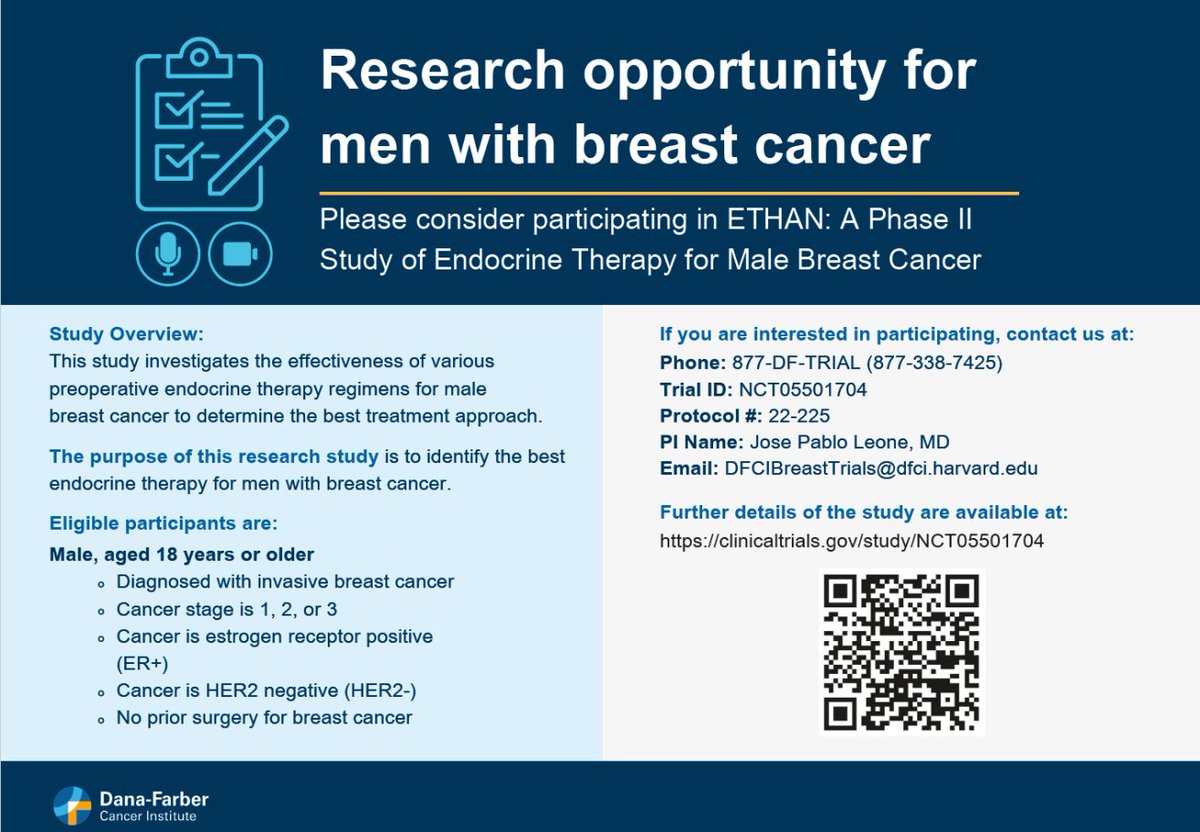 DFCI_BreastOnc's tweet photo. @DFCI_BreastOnc and @TheTBCRC are leading the #ETHANstudy, which evaluates endocrine therapies to identify the best treatment for men with ER+/HER2- breast cancer prior to surgery #MaleBreastCancer. ​
For more information call 877-338-7425 or visit:​
https://t.co/wmcrnUWvXR https://t.co/BILmsTmELv