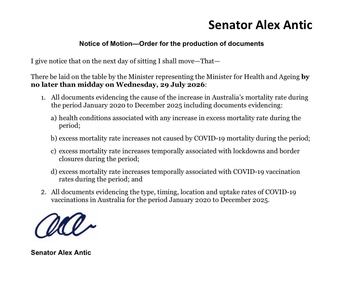 SenatorAntic's tweet photo. Today I am asking the Senate to compel the Minister for Health to produce all documents explaining the increase in Australia’s mortality rate from January 2020 to December 2025, specifically covering:

•  Health conditions linked to excess mortality
•  Excess deaths not caused by COVID-19
•  Any link between excess deaths and lockdowns / border closures
•  Any link between excess deaths and COVID-19 vaccination rates.

The excess mortality rate has exploded in the last 5 years and Australians deserve to know why.

To hear more from me and stay up to date, signup to my email newsletter here:

https://t.co/rREvtJlMZK
