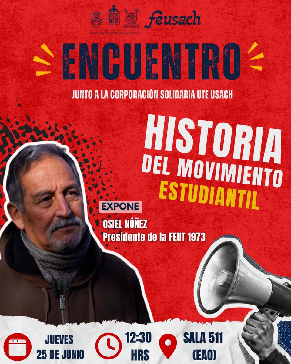 feusach's tweet photo. 📚✊ Instancia que expondrá Osiel Núñez, Presidente de la FEUT en 1973, quien compartirá su experiencia, reflexiones y parte de la trayectoria del movimiento estudiantil en uno de los períodos más significativos de nuestra universidad y del país.
#Usach #Historia #Chile https://t.co/ENEW0vHb89