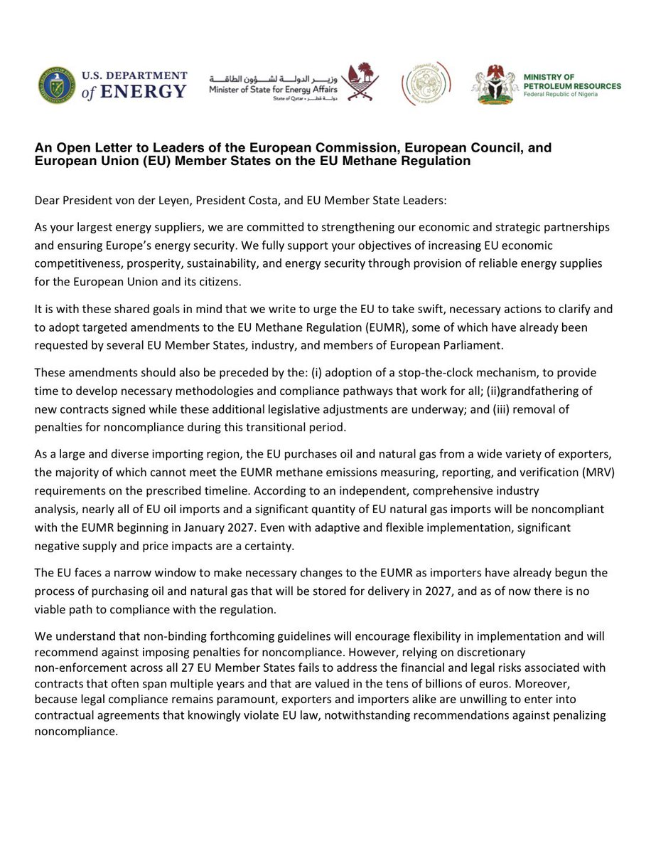 SecretaryWright's tweet photo. My counterparts from Qatar, Nigeria, Algeria and I are warning the EU that proposed methane regulations for natural gas and oil will raise the price of energy and lead to winter blackouts.

This is entirely avoidable. https://t.co/uzmGGnAGdW