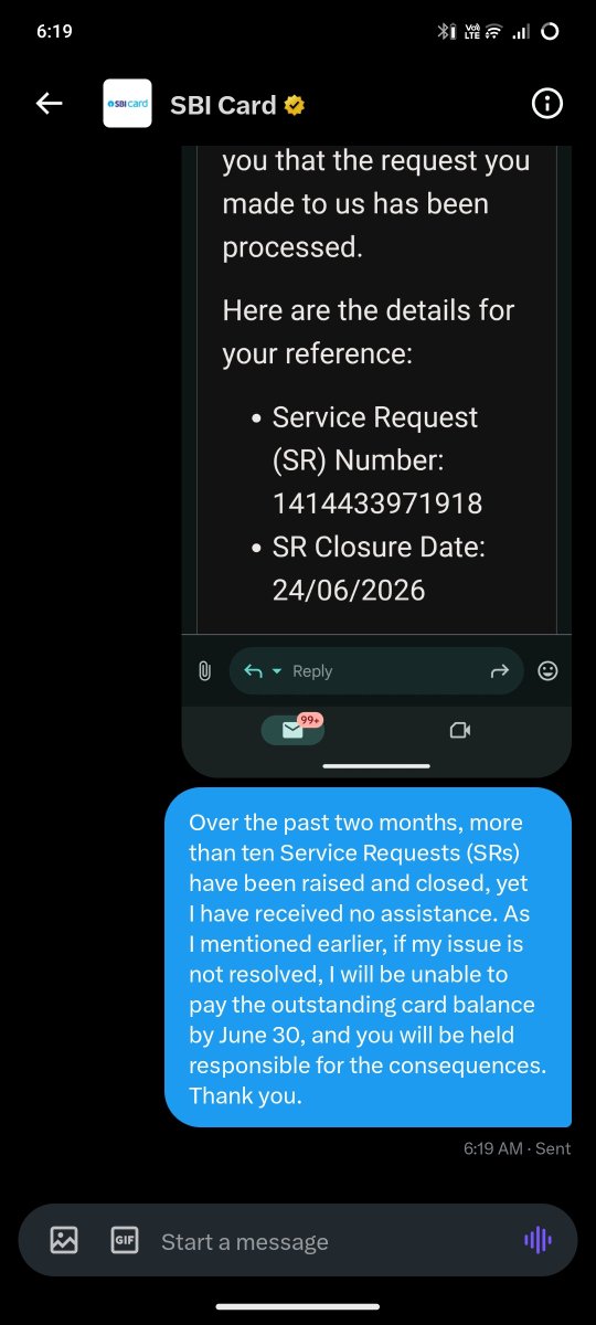 rajputrupak1's tweet photo. Over the past two months, more than ten Service Requests (SRs) have been raised and closed,yet I have received no assistance. As I mentioned earlier, if my issue is not resolved,I will be unable to pay the outstanding card balance by June 30 @SBICard_Connect @RBI @TheOfficialSBI https://t.co/7DednhSStZ
