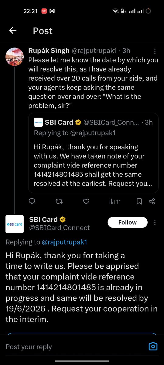 rajputrupak1's tweet photo. Over the past two months, more than ten Service Requests (SRs) have been raised and closed,yet I have received no assistance. As I mentioned earlier, if my issue is not resolved,I will be unable to pay the outstanding card balance by June 30 @SBICard_Connect @RBI @TheOfficialSBI https://t.co/7DednhSStZ