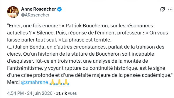 alainr69's tweet photo. J'éprouve un sentiment de malaise devant cette photo, tout comme devant la réaction de Patrick Boucheron devant @guillaumeerner. Je comprends le sentiment d'abandon ou le malaise exprimés par @JZefka @ARosencher  ou @aurelieweizmann.
Poser tout sourire devant une photo de Marc Bloch au Panthéon démontre que les représentants LFI méprisent en réalité sa mémoire. Ils posent comme pour une photo de fin d'année à l'école ou suite à une élection, oubliant la solennité de l'évènement. Faire de cet évènement une récupération électoraliste en vue de la prochaine élection présidentielle est abjecte surtout venant d'un responsable politique qui, il y a quelques jours, affirmait sans trembler qu'un préfet était aux ordres du CRIF ou d'un maire du 4è arrondissement Mr @ArielWeilT. Les messages qu'il transmet à longueur de discours comme "il y a eux et nous", l'entretien d'une confusion entre un conflit au Moyen Orient et les juifs de France, le soupçon d'une double allégeance,  les jeux de mots sur les noms de @rglucks1 ou Epstein, tout ceci contribue au maintien d'un antisémitisme d'ambiance, le même qui déjà existait avant 1939.
Souvenez-vous de ce qu'avait subi Léon Blum dès 1936, les fantasmes sur son nom qui ne serait pas Blum mais Karfunkelstein, repris dans "Je suis partout"  mais également comment Robert Brasillach ironisait sur l'Exposition universelle de 1937, où "au pied du pavillon sioniste décoré du sceau de Salomon, Monsieur Blum vous attend, la moustache et le feutre en bataille."
Si comme Patrick Boucheron vous ne voulez rien voir, rien entendre, c'est que vous refuser de voir le réel au nom d'une idéologie pour laquelle vous êtes prêt à oublier les leçons de l'Histoire.
#antisemitisme