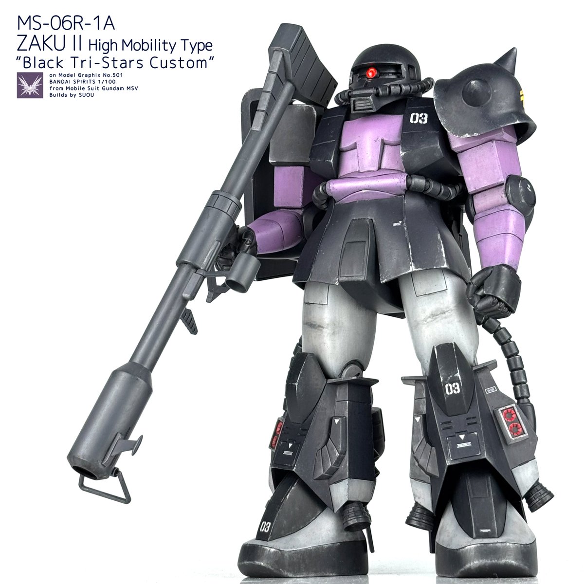 suou_ray's tweet photo. モデルグラフィックス’26年8月号はザク特集ということで、黒い三連星専用 高機動型ザクIIの作例を担当しました。

当時の雰囲気を残しつつ現代風の文脈に落とし込み、プロポーションバランス調整をメインに工作しています。

ザクまみれな一冊、ぜひご覧ください！

#モデルグラフィックス #MSV https://t.co/N6nbq18Xqk