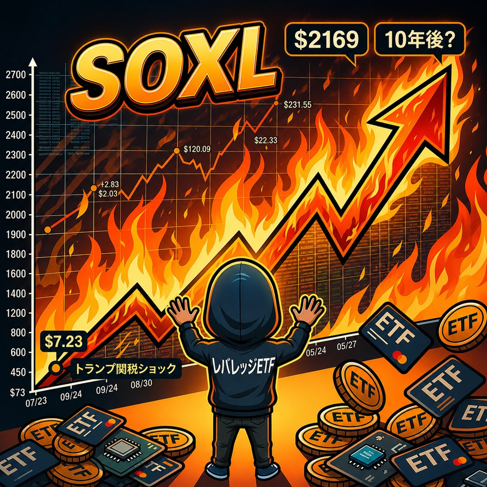 LeverageETF50's tweet photo. SOXLの上場来最安値を調べてみた。
2010年5月　0.2239ドル
↓
2021年　コロナバブル　70ドル
なんと！11年で“312倍“

今後10年を予想してみます。
2025年のトランプ関税ショックの最安値7.23ドルを起点に312倍すると

その株価は驚きの“2169ドル”

※ エンタメです https://t.co/OGXYFpQ00r