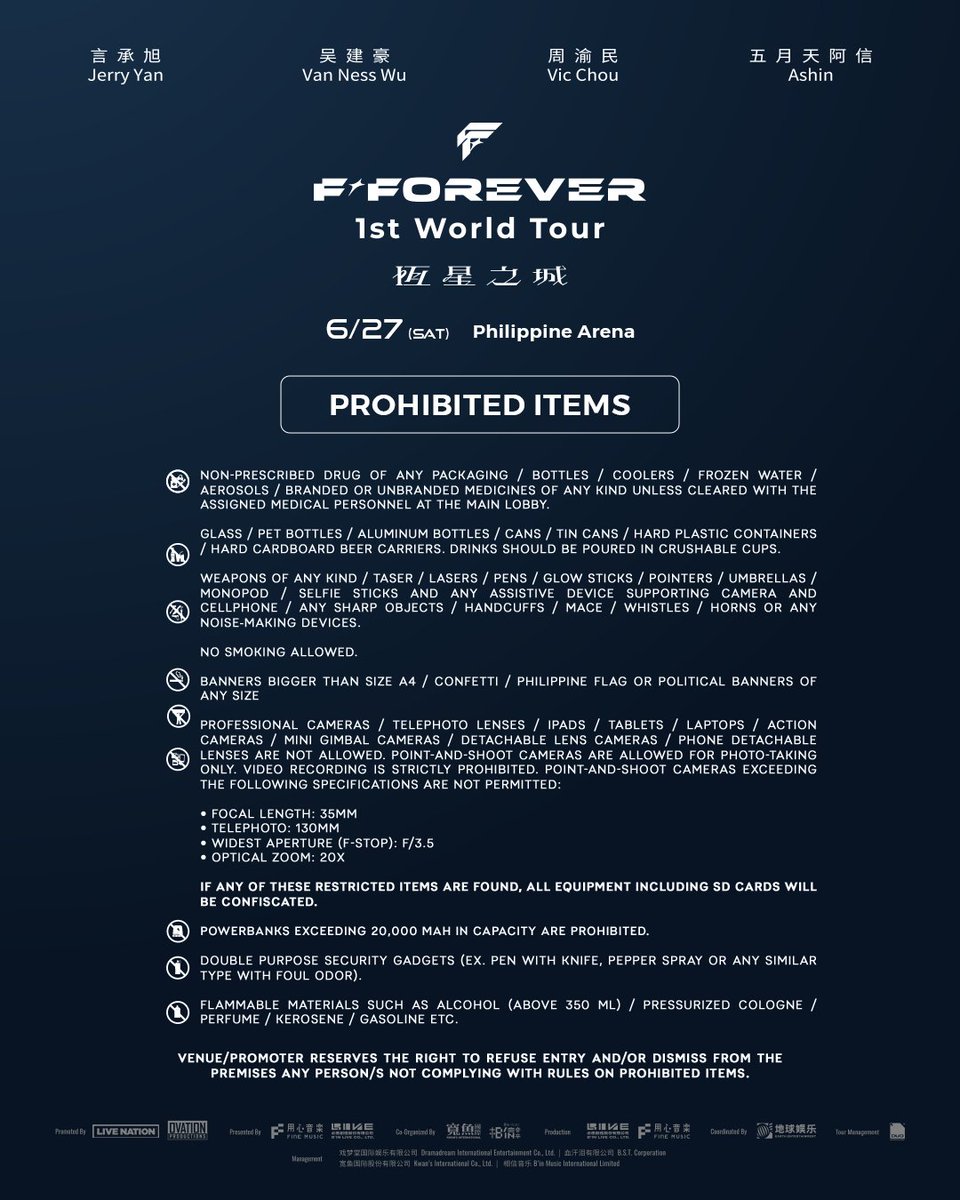 livenationph's tweet photo. 📣 Reminder! 

Make sure to check the list of prohibited items before heading to the concert to avoid any delays at the gates.

#JerryYan #VanNessWu #VicChou #Ashin
#FFOREVER
#FFOREVER1stWorldTourManila https://t.co/1pEVOUEn98