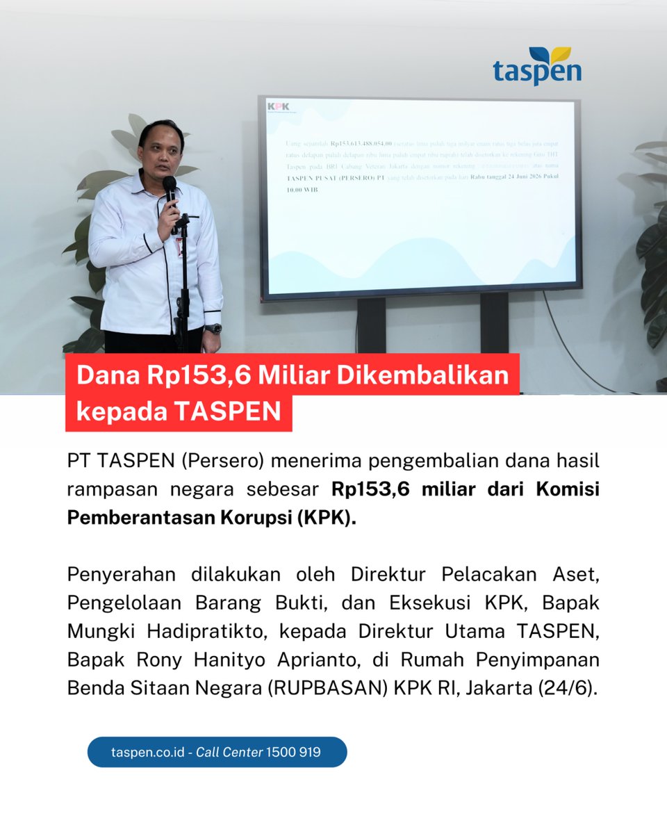 TASPENDenpasar's tweet photo. PT TASPEN (Persero) menerima pengembalian dana hasil rampasan negara sebesar Rp153,6 miliar dari Komisi Pemberantasan Korupsi (KPK) sebagai tindak lanjut atas putusan pengadilan yang telah berkekuatan hukum tetap. https://t.co/EJ8HTyE0FL