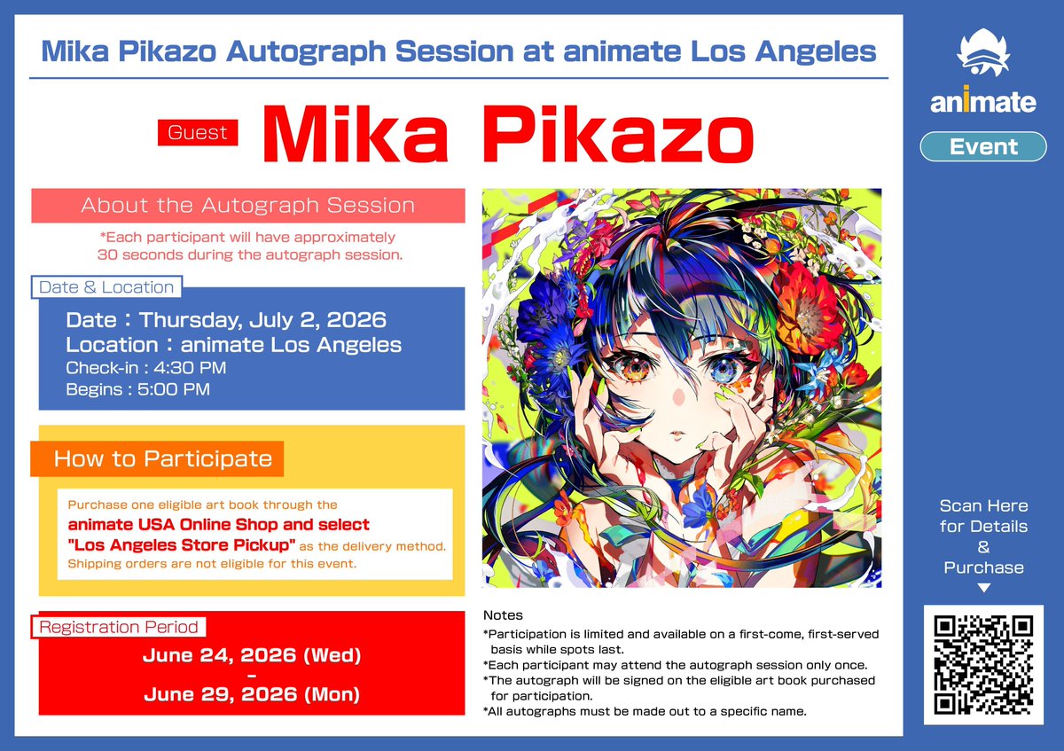 AnimateUSA's tweet photo. ✍️ 【Mika Pikazo Autograph Session】 ✍️
Mika Pikazo will be holding a special autograph session at animate Los Angeles!

🎟️ To participate, purchase an eligible art book through the animate USA Online Shop and add an Autograph Session Ticket to your cart.
⚠️ An Autograph Session Ticket must be added to your cart together with an eligible art book to participate
🛒 Details & Registration: https://t.co/wWb4TDKE0N 

🗓️ July 2, 2026
⏰ Check-in: 4:30 PM | Starts: 5:00 PM
📍 animate Los Angeles

⚠️ Only orders placed through the animate USA Online Shop with Los Angeles Store Pickup selected are eligible for this event.
⚠️ Available on a first-come, first-served basis while autograph session tickets last.
#MikaPikazo #animateLA #animateUSA