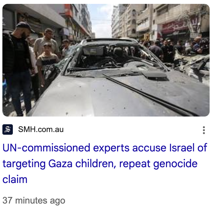 MichaelWestBiz's tweet photo. J'accuse! Nine sallies forth 2 days later with 'commissioned experts' (not just UN) 'accusing' Israel ... and repeating a 'claim'.

This is how it's done folks when yr a g*cide flunky
#owned https://t.co/jiKmUXsMUy