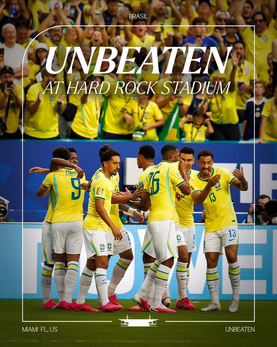 HardRockStadium's tweet photo. Brasil stays unbeaten in Miami!

⚽️ 4 matches
💪 3 wins
🤝 1 draw https://t.co/YxQobLTz6A